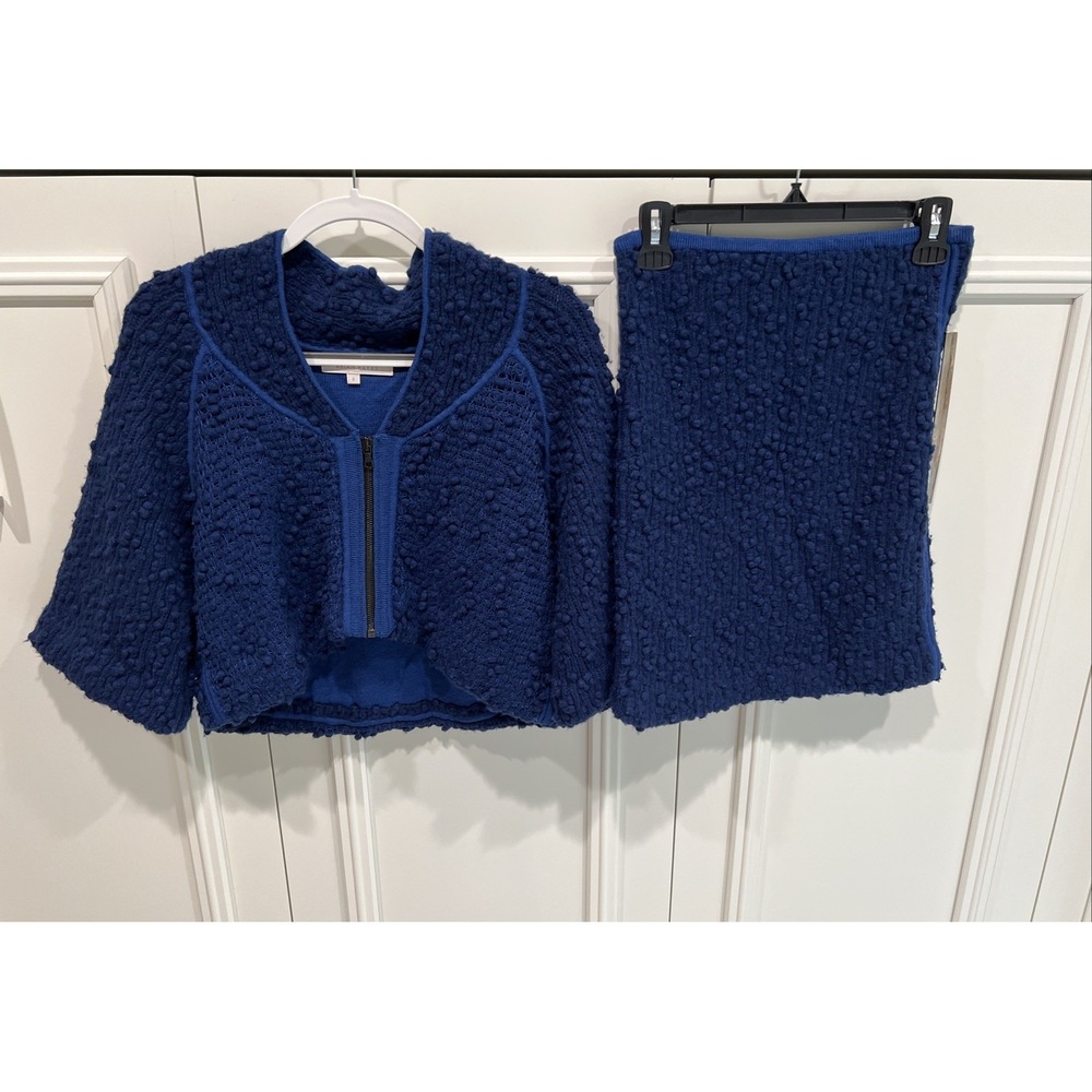 Brian Reyes Blue Popcorn Knit Skirt Suit Set Designer Luxury Retro Minimalist
